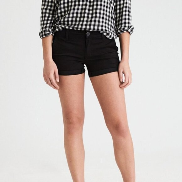🦋 AMERICAN EAGLE Black Midi Jean Shorts High Rise 8 - Picture 1 of 6